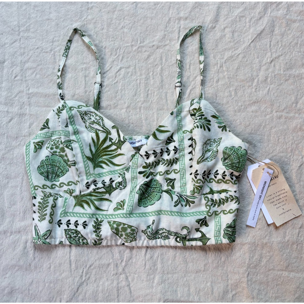 NWT Midnight Sky Linen Bralette Crop Top Green Seashell Print M